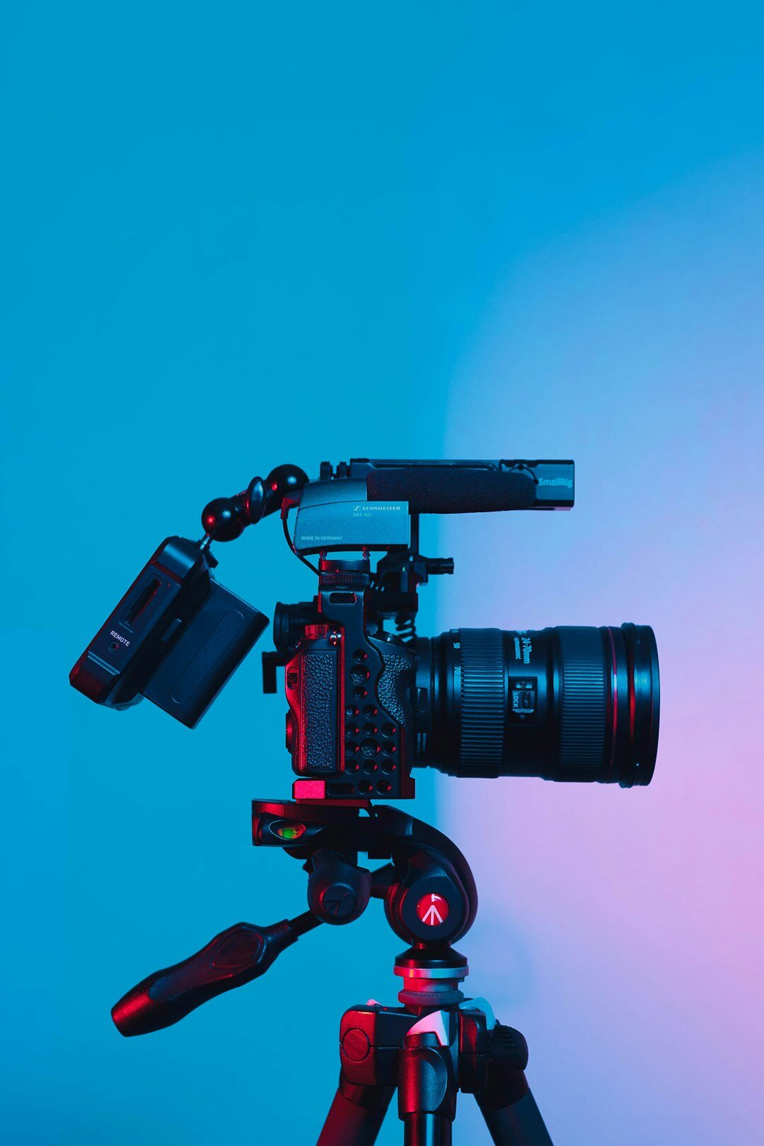 Professional video camera on a tripod ready for filming
