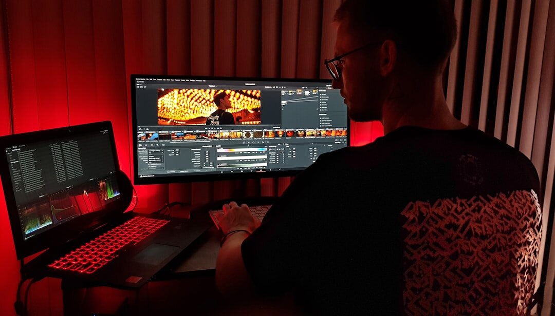 Video editor working on a timeline with dual monitors