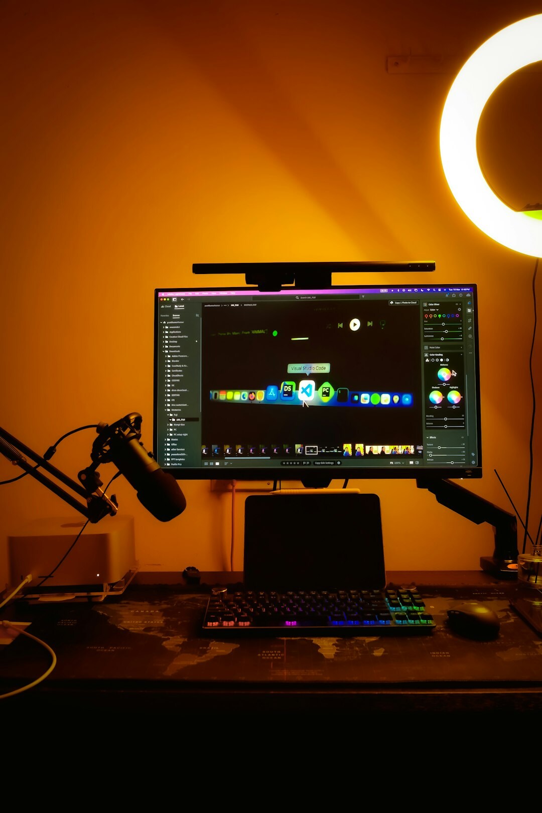 Live streaming studio setup with ring light and microphone